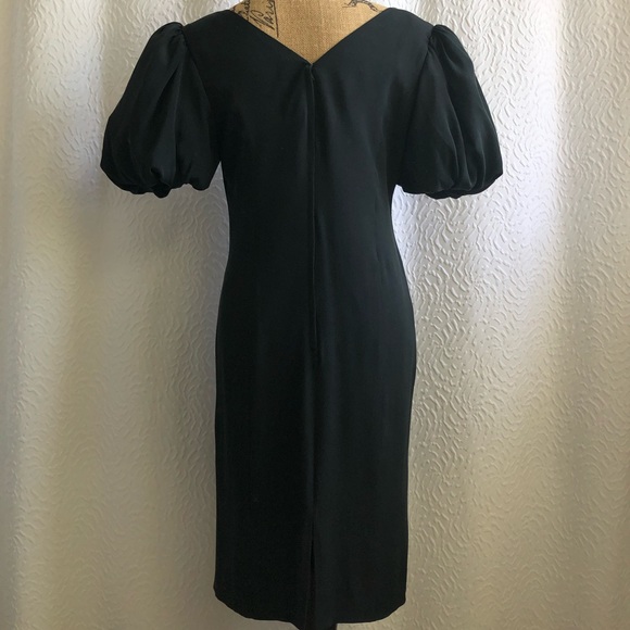 Vintage Black Square Sweatheart Neckline Puff Sleeve 100% Midi Silk Dress - Picture 5 of 16